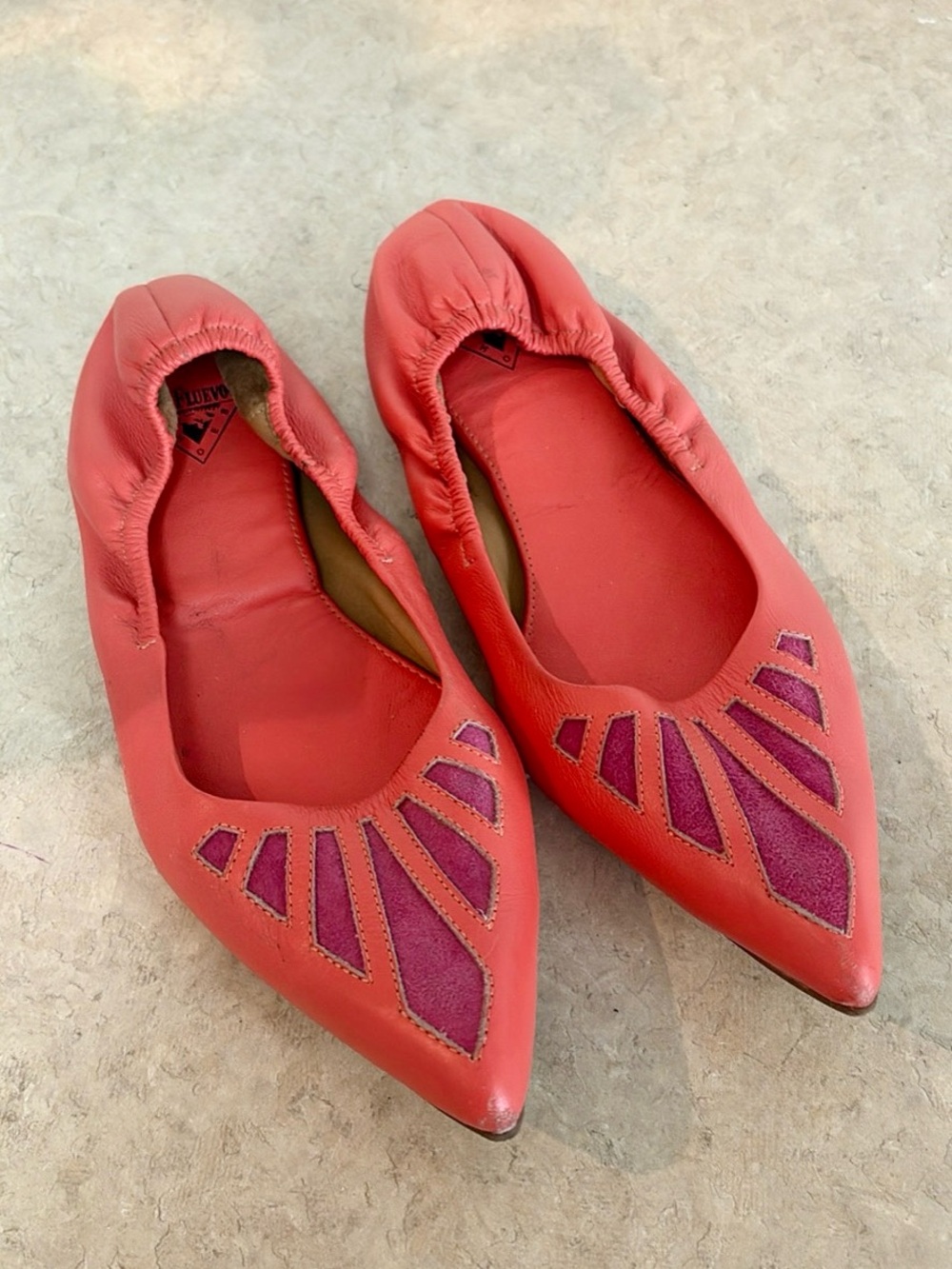 John Fluevog Red Pointed Flats with Magenta Insets